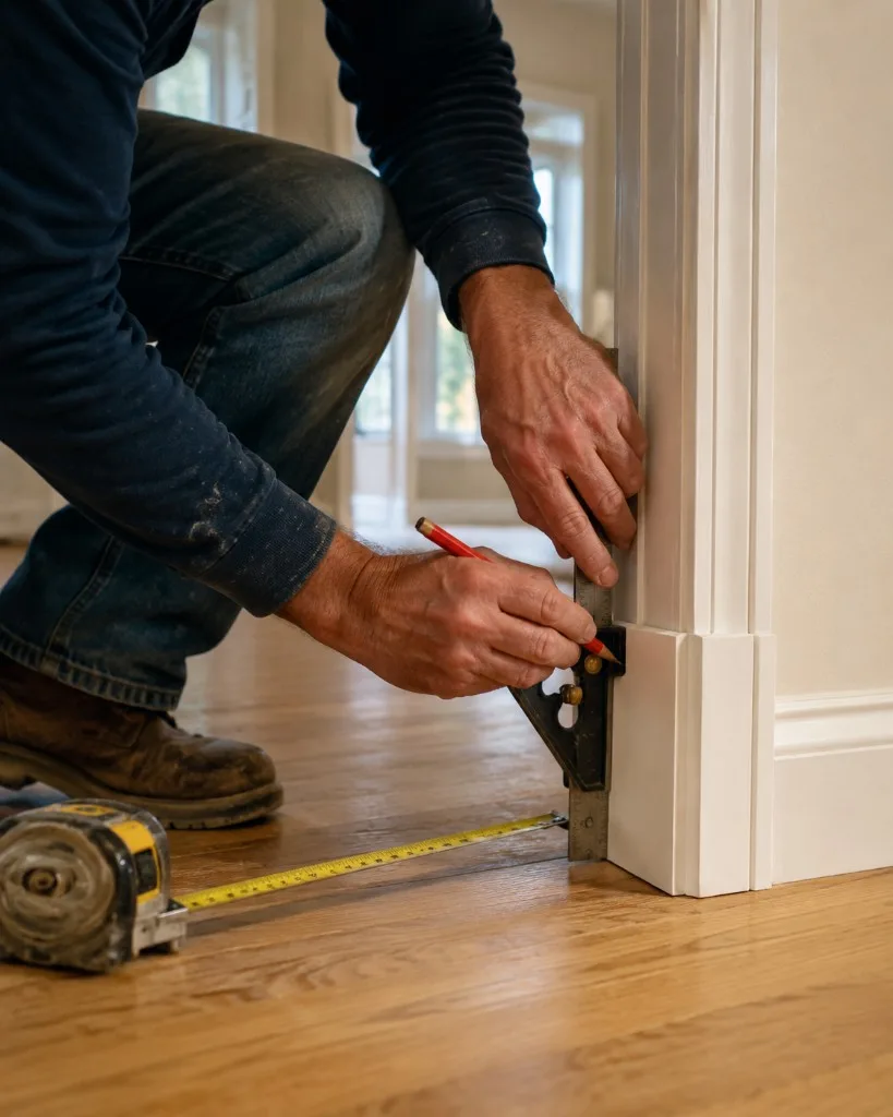 Craftsperson carefully measuring finish trim during residential reconstruction.