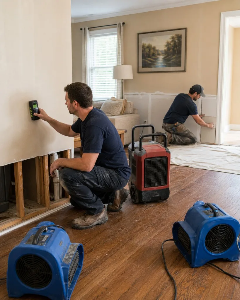Restoration technicians inspecting moisture damage and rebuilding a wall in a Charlotte-area home.